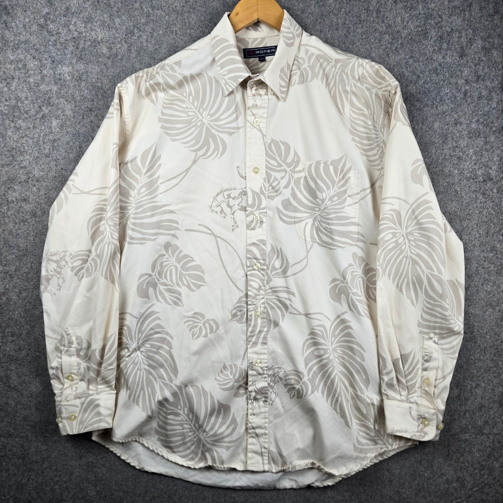 Roper Button Up Shirt Mens M/L Cream Tropical Palm Leaf Horse Western Cowboy